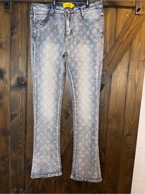 GUAPI Premium Rhinestone Flare Stacked Denim Jeans Maximalist Streetwear Y2K 38